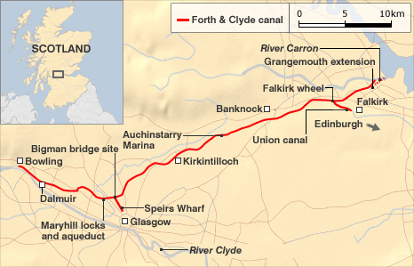 Falkirk wheel -Scotland map