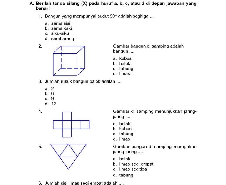 Soal Bangun Ruang Kelas 1 Sd Berbagai Ruang