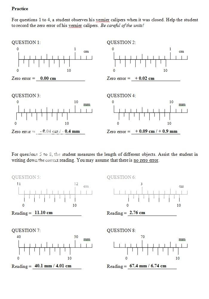 Physics Materials: Vernier Caliper and Micrometer Worksheet