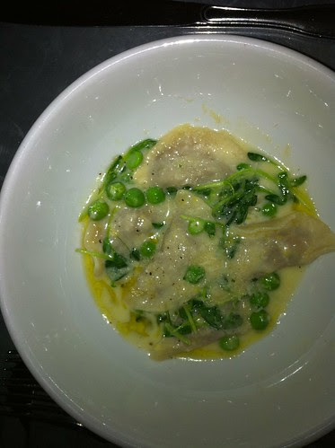 Braised Pork Stuffed Pasta with English Peas, Olive Oil and Parmesan