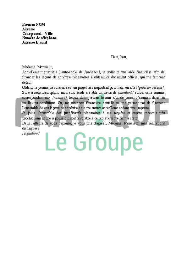Application Letter Sample Modele De Lettre De Demande Financement