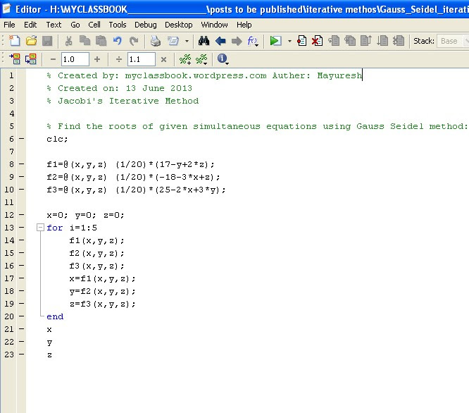 MATLAB code for Gauss Seidel method