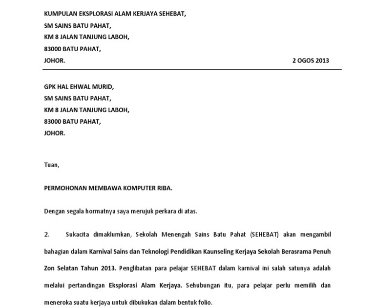 Surat Rasmi Permohonan Laptop - Contoh Hits