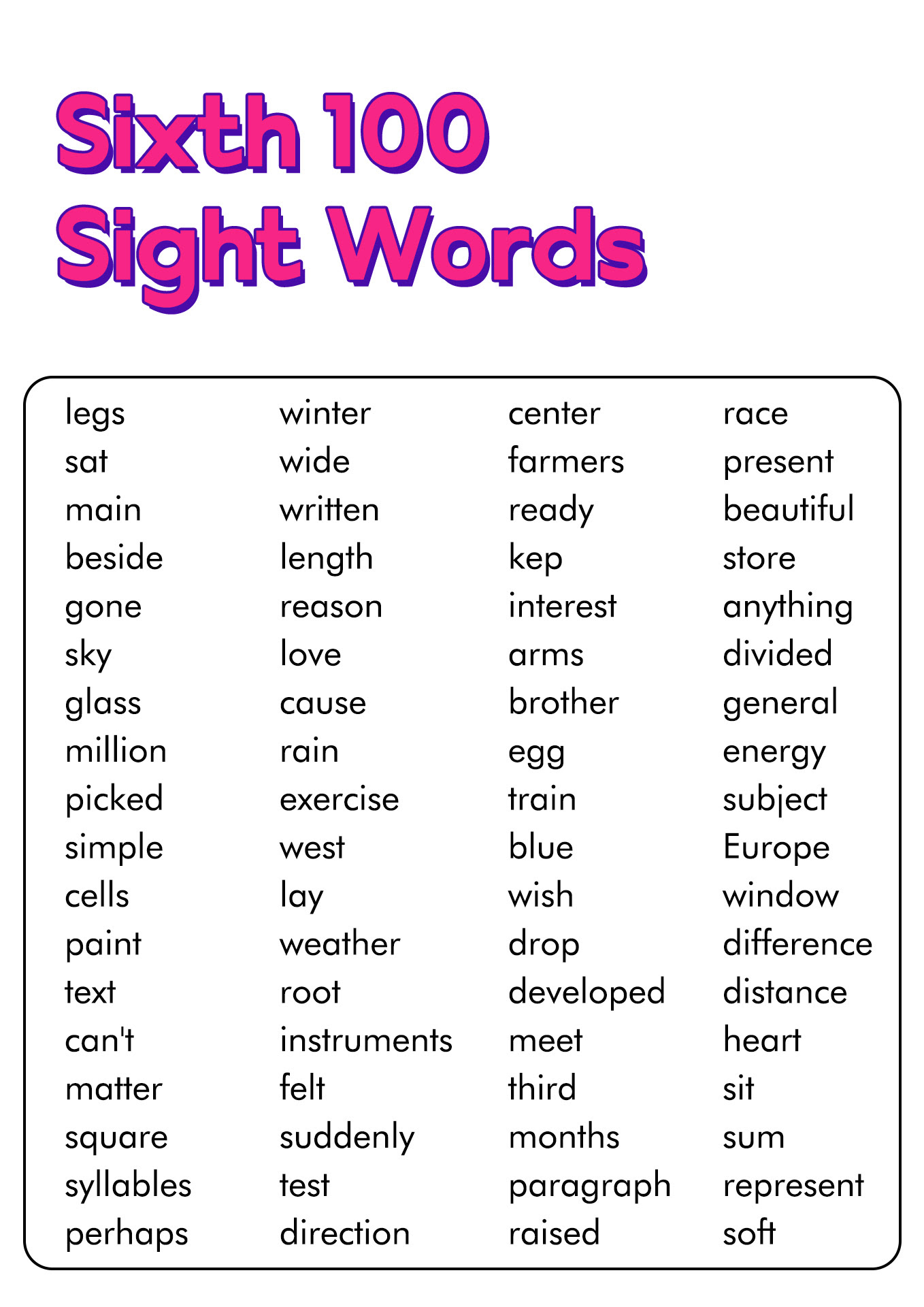 Sight Words For 6th Grade Printable List Printable Sight Words List 