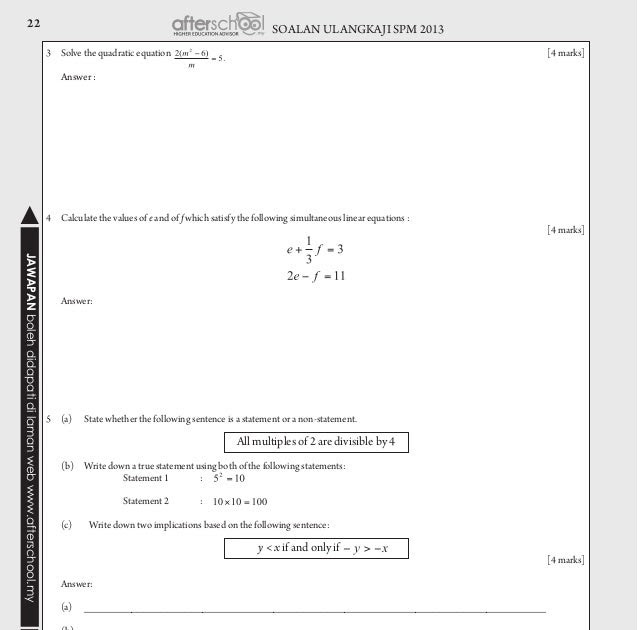 Soalan Quadratic Equation - Persoalan x