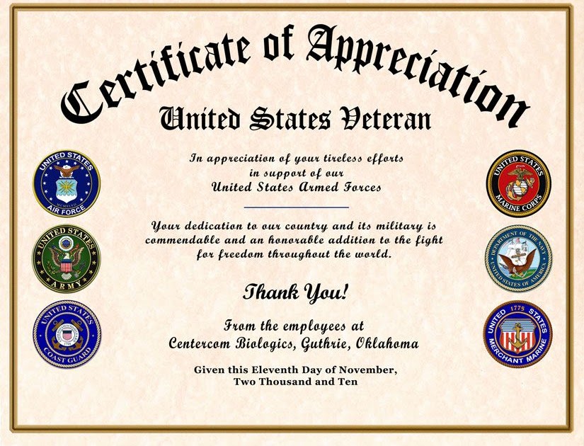 Veterans Day Free Printable Military Certificate Of Appreciation ...