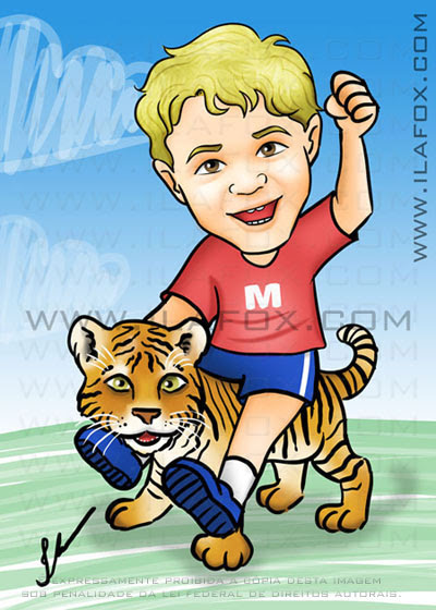 Caricatura colorida, corpo inteiro, menino loiro, tigre, kinectmals caricatura by ila fox