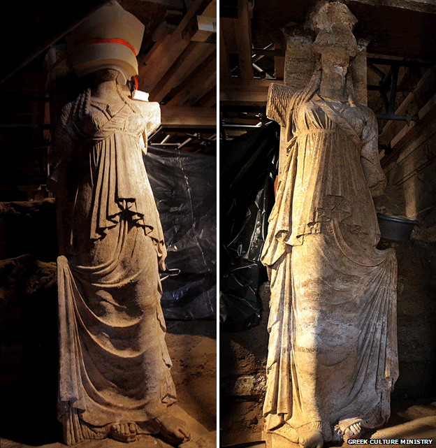 The caryatids were made of marble from the island of Thasos