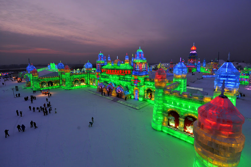 illuminated glacier village at the 2014 harbin ice festival