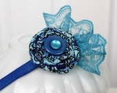 The Blues Lace Headband - Turquoise, Blue and Navy with Pearl and Lace, fits Infant and Toddler