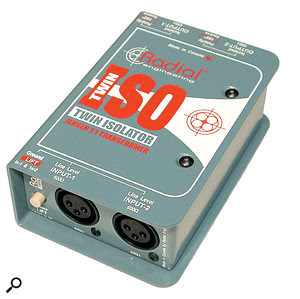 If PA whine caused by a laptop power supply isn't eliminated by running the laptop from battery power, connecting a two-channel transformer DI box between your audio interface's stereo output and the PA system could do the trick. If PA whine caused by a laptop power supply isn't eliminated by running the laptop from battery power, connecting a two-channel transformer DI box between your audio interface's stereo output and the PA system could do the trick.