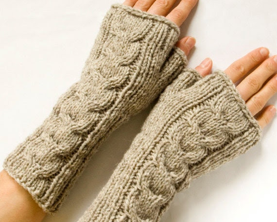 Long Cabled Fingerless Mittens, Beige Fingerless Gloves, Knit Arm Warmers, Wrist Warmers - SCHandmade