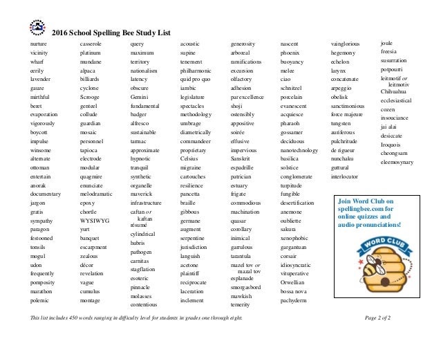 450 Word School Spelling Bee Study List 2017 - Study Poster