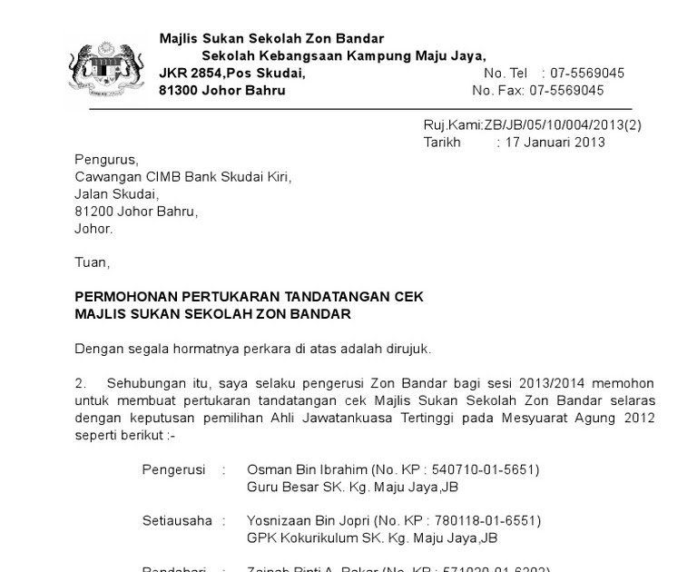 Contoh Surat Rasmi Tukar Akaun Bank - Gapura 18