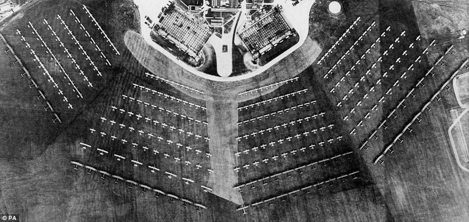 Aerial view of the aircraft arranged for viewing by HM King George V during the first ever Royal Review of the RAF held at Mildenhall, Suffolk