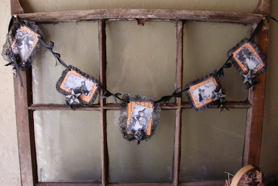 Pretty Halloween Witches Garland Black Lace Vintage Style Black and White Halloween Postcard Garland with lot of embellishments
