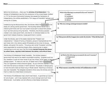 Us History The Articles Of Confederation Reading Worksheet Answers - HISTRQ