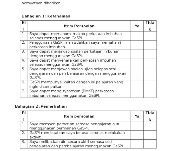 Format Borang Soal Selidik  Borang Soal Selidik  Contoh format