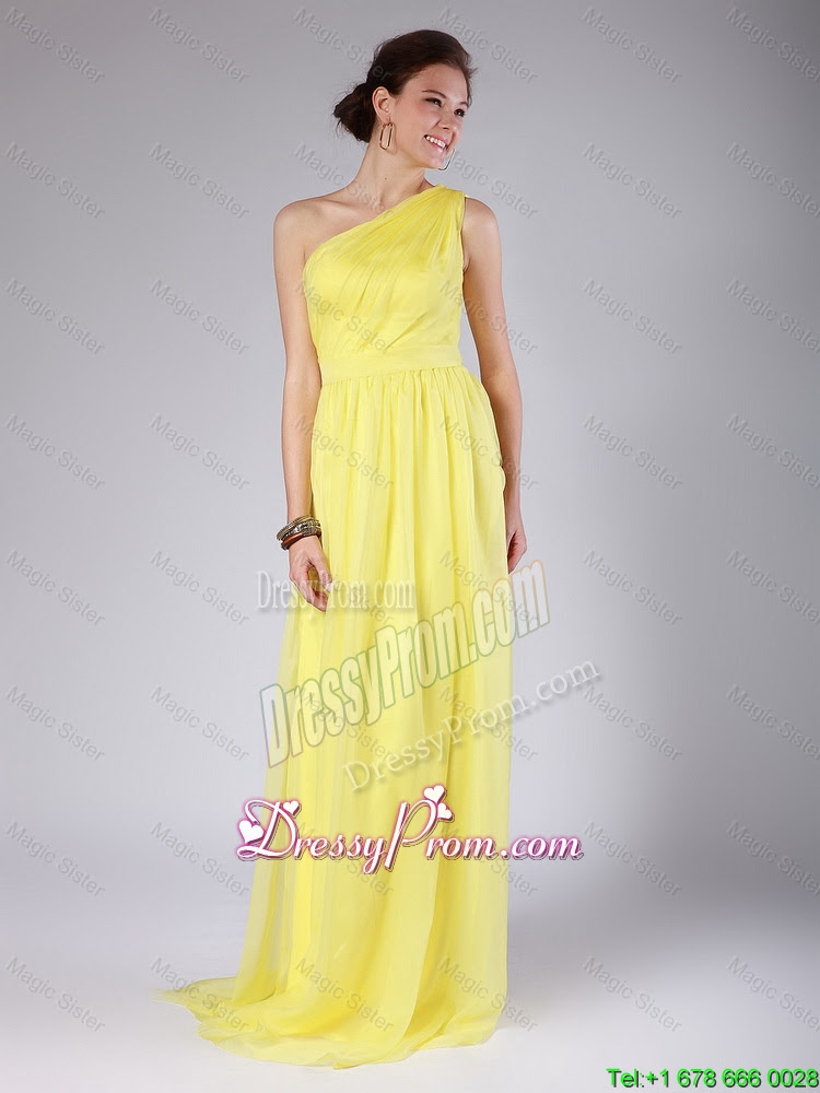 Elegant One Shoulder Sashes Yellow Prom Dresses with Sweep Train for 2016 700