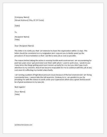 resignation letter due to work environment resignation letter due to work environment