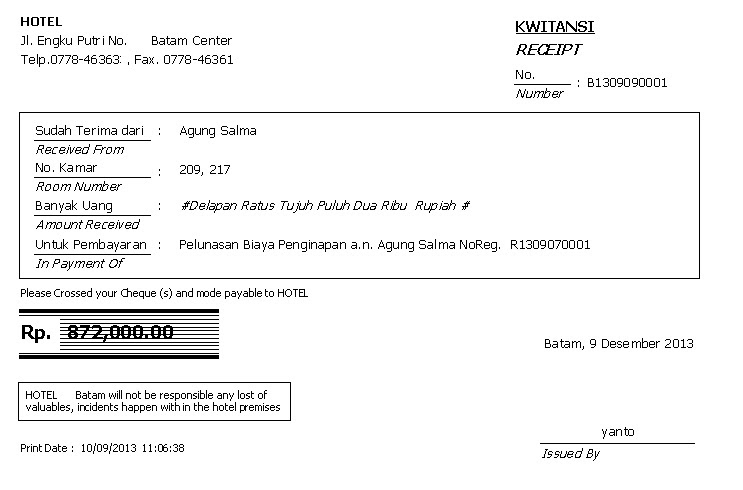 Kwitansi Penginapan Hotel