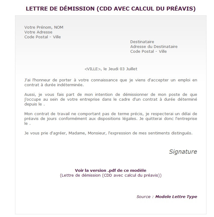 Exemple De Lettre De Demission Avec Negociation Du Preavis  hadiselamet