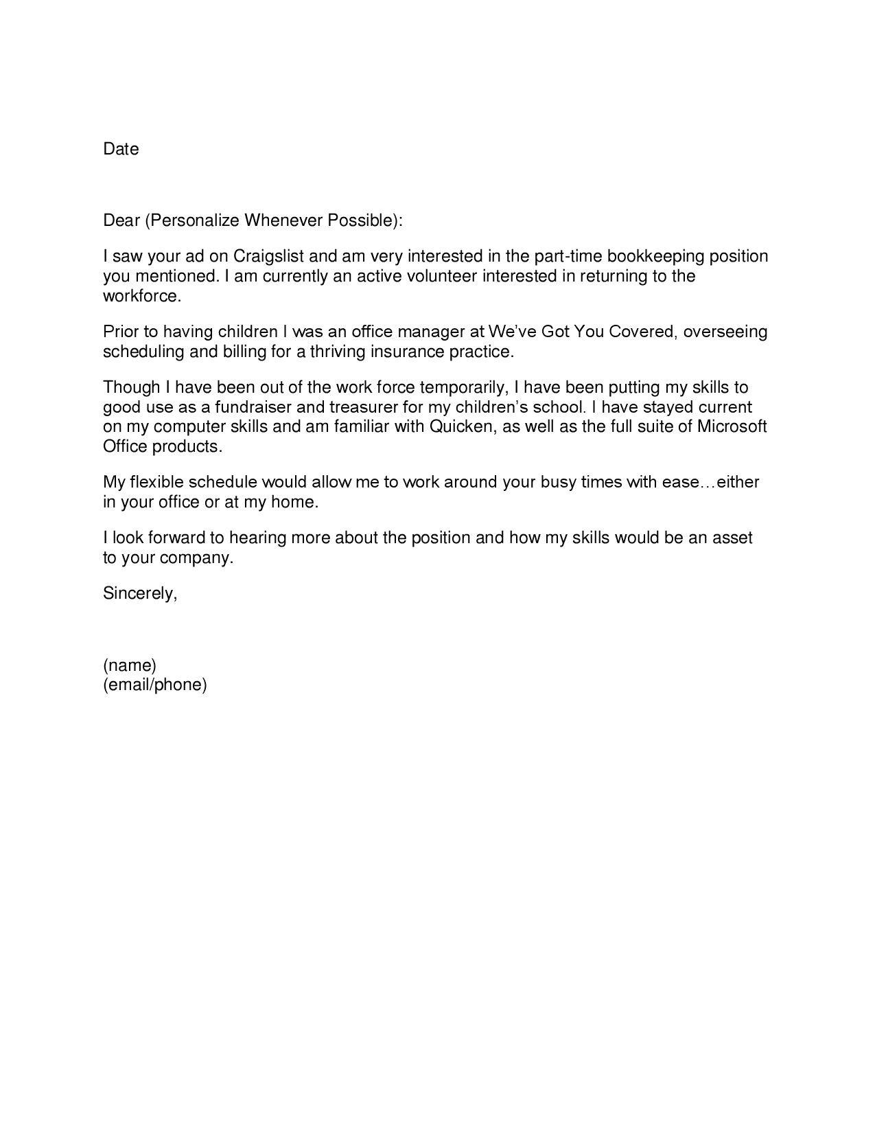 cover letter for parent returning to work