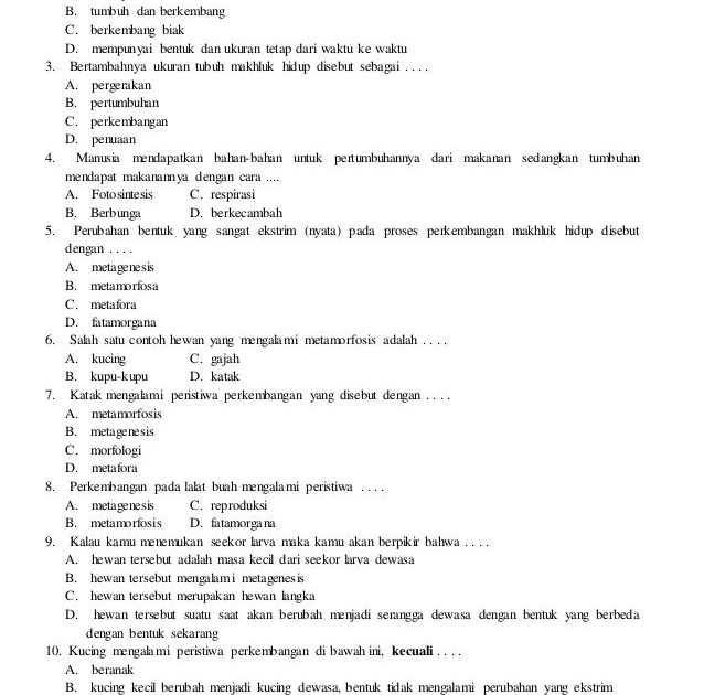 Berikut Contoh Soal C6 Biologi Pilihan Ganda