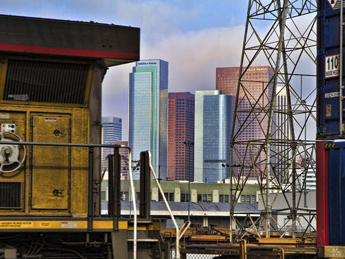 LA skyline and train