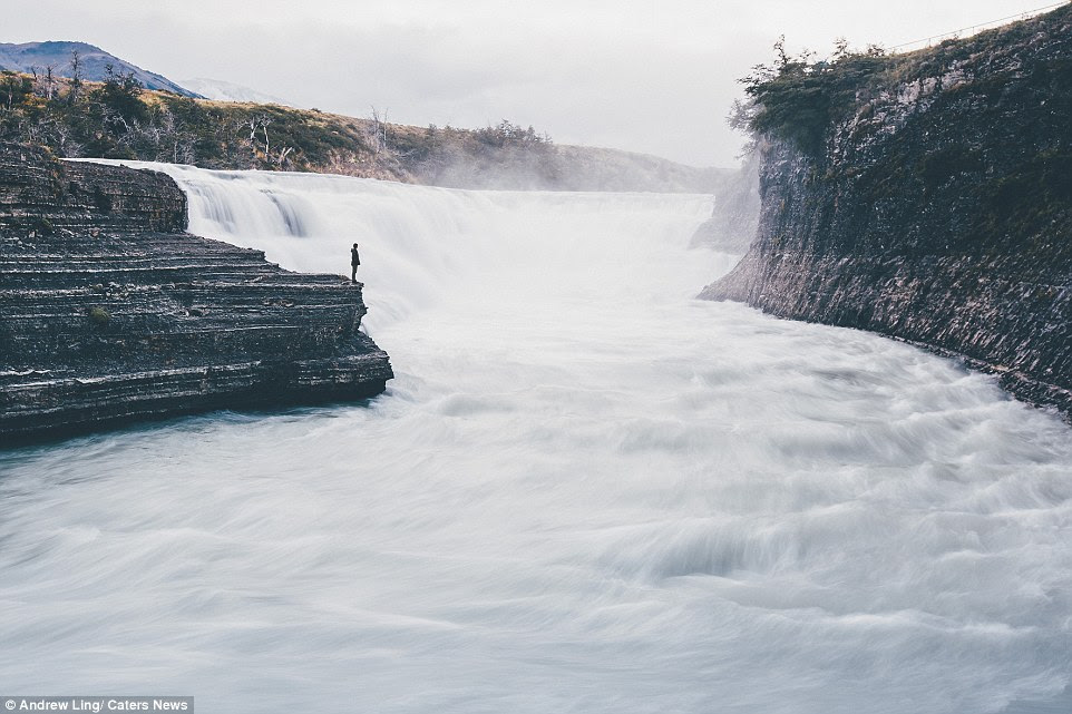 Lonely view: This image of a gushing river and waterfall was taken at Torres del Paine National Park, Patagonia, Chile