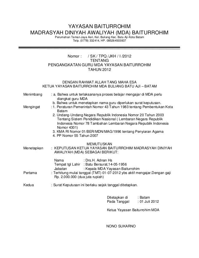 Contoh Surat Pengangkatan Guru Yayasan Contoh Surat