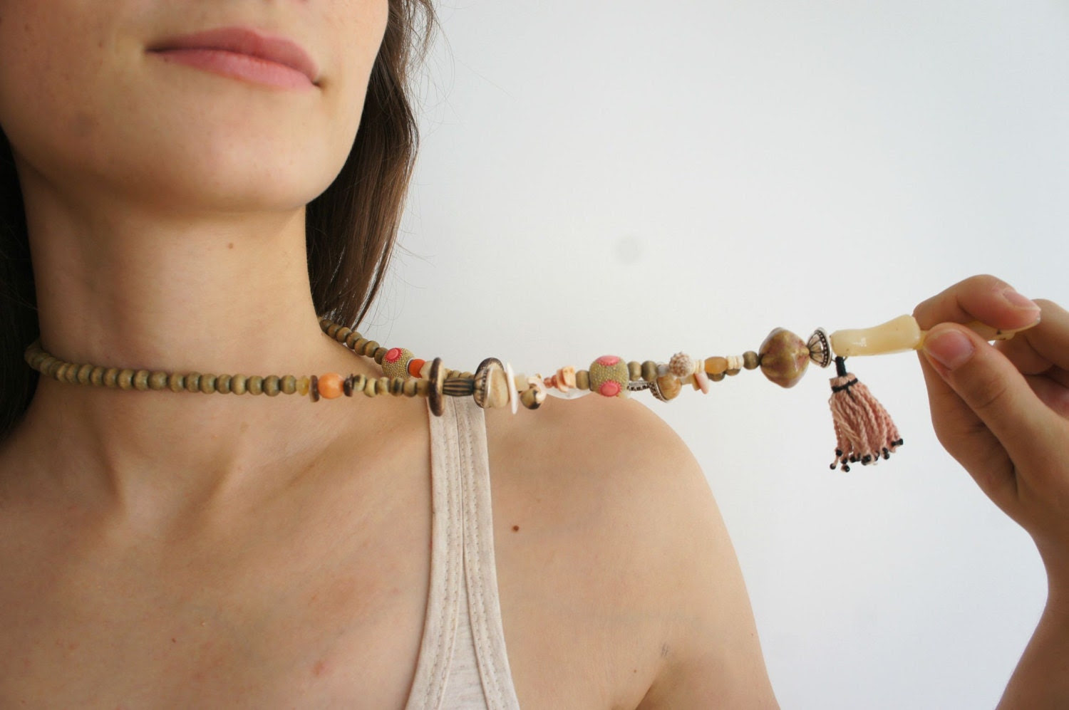 Tassle Necklace // Boho Ethnic Necklace in Nude Pink - Karakoncolos Tassle Necklace // Boho Ethnic Necklace in Nude Pink - Karakoncolos