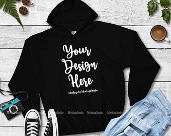 Black Hoodie Mock Up, Fall Gildan 18500 Heavy Blend Blank Hooded
