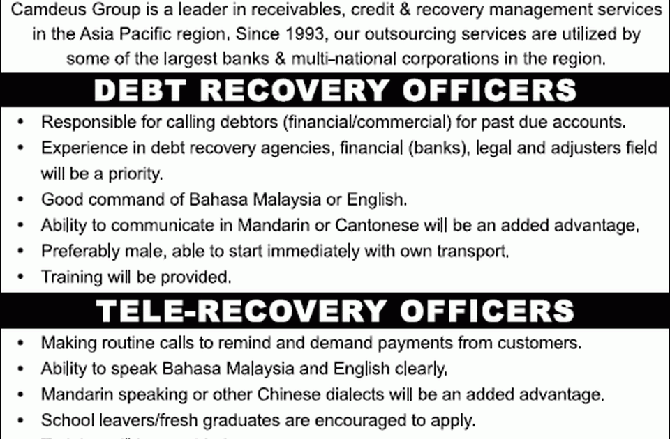 Credit Recovery Officer Job Description Malaysia