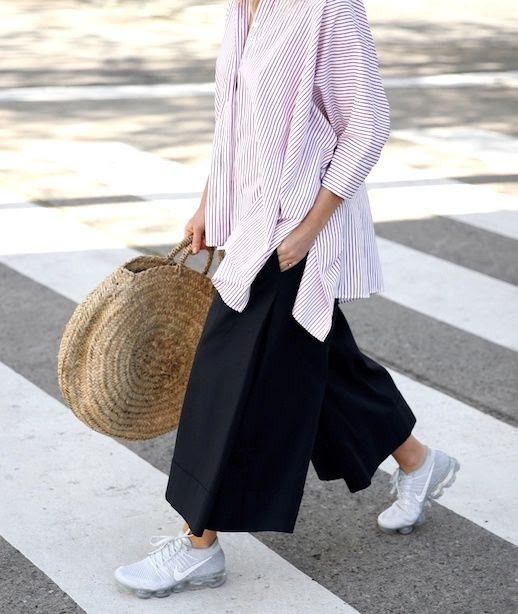 Red Stripe Oversize Button Down Shirt Straw Tote Bag Wide Leg Pants Nike Air Vapormax Sneakers Blogger Style Jessie Bush Via We The People Style Le Fashion Blog