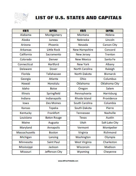 Free Printable List Of 50 States