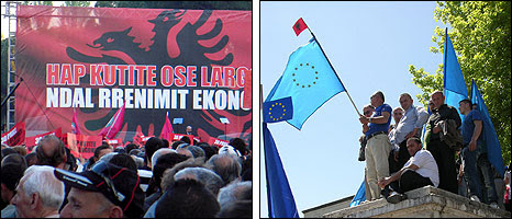 Tirana rallies by opposition Socialists (left) and Democratic Party, 30 Apr 10 