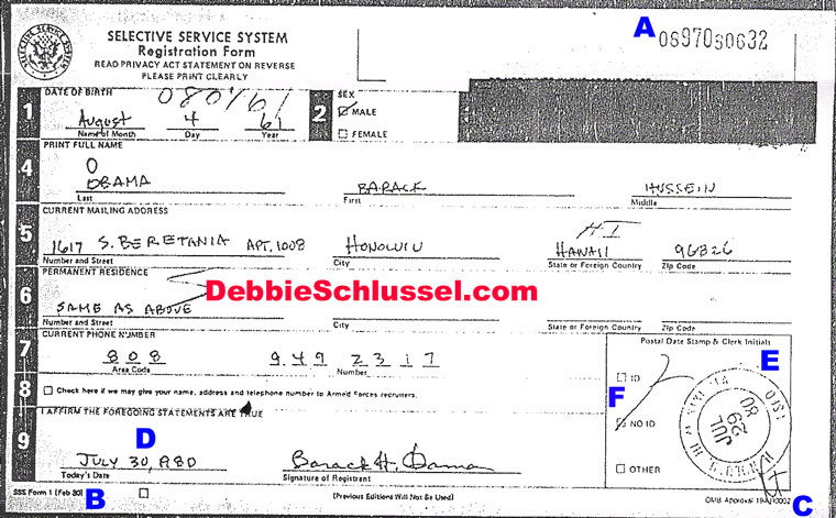 Barack Obama’s 2008
Selective Service Card. Pictured: Barack Obama’s 2008 Selective Service Card. “Blogger
Debbie Schlussel has discovered solid evidence that Obama’s Selective
Service registration form was submitted not when he was younger as
required, but rather in 2008 and then altered to look older.”
