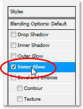 Adobe Photoshop Text Effects: Clicking the words 'Inner Glow' in the list of Layer Styles.