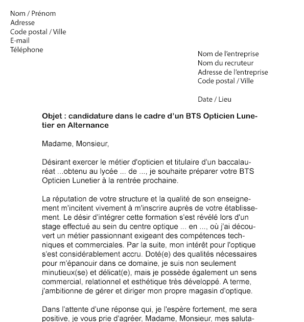 Lettre De Motivation Exemple Opticien