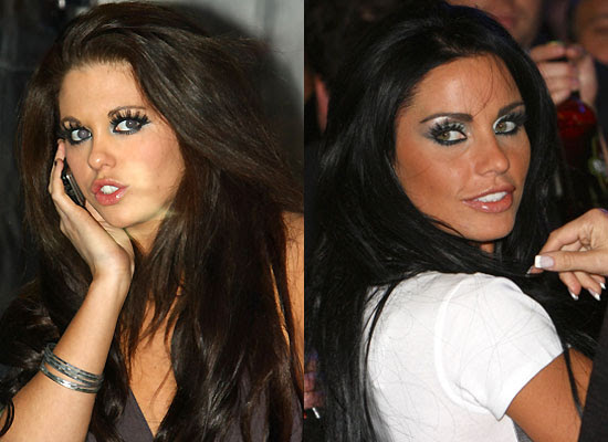 eye makeup and dramatic false lashes. They both have on shimmery white eye makeup and dramatic false lashes. They both have on shimmery white