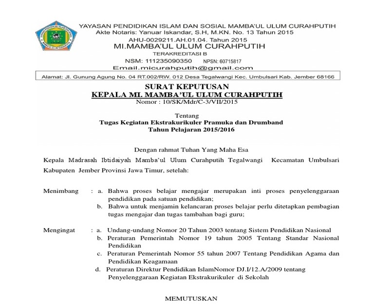 Contoh Sk Kegiatan Ekstrakurikuler Madrasah Guru Paud