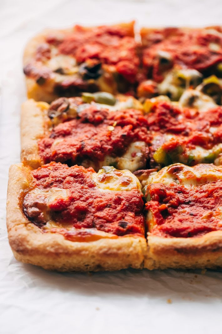 Supreme Detroit-Style Pizza - Homemade Detroit-Style pizza with the best crispy, butter dough! It's almost like focaccia bread with pizza toppings on top! #detroitpizza #detroitstylepizza #homemadepizza #pizza | Littlespicejar.com