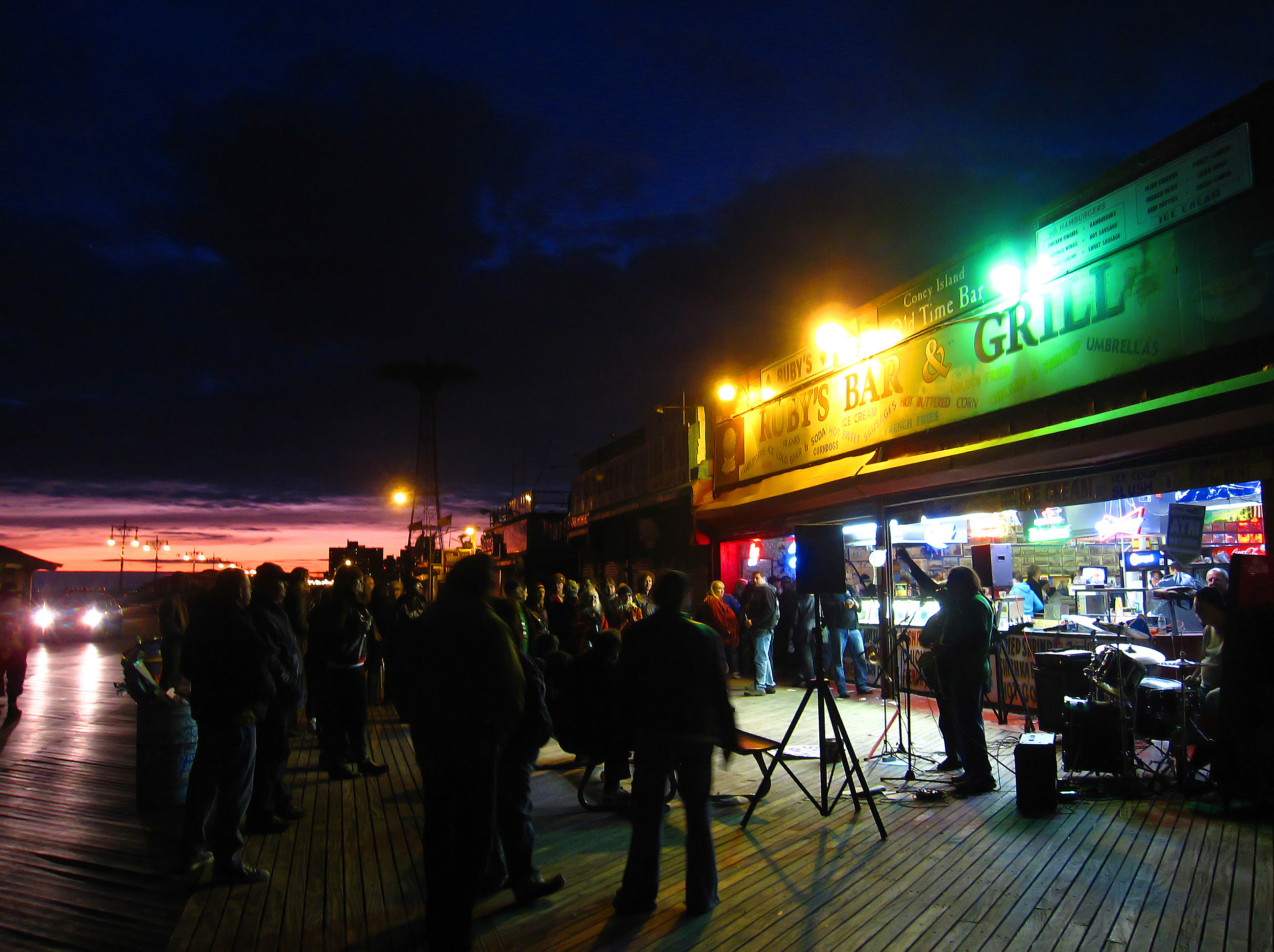The sun setting over the boardwalk and Ruby's