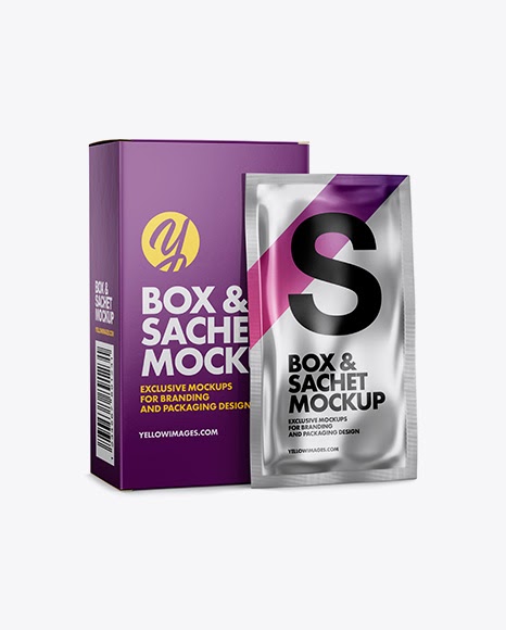 Download Metallic Sachet With Box Mockup Half Side View Packaging Mockups PSD Mockup Templates