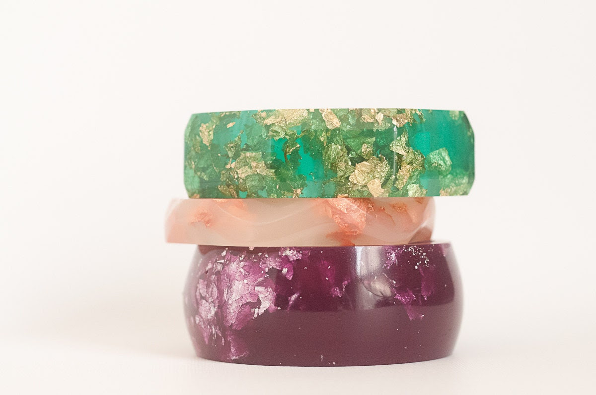 purple  round bangle made with eco resin containing metallic silver leaf foil