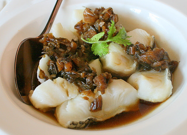 Steamed Fillet of Chilean Seabass with Mei Cai or Preserved Mustard Leaves