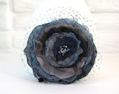 Fabric Flower- Navy, Silver, Gray, Blue - Flower Hair Clip or Flower Pin, Flower Brooch - Handmade - pop37