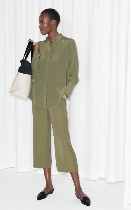 Olive silk shirt, £65, Olive culottes, £65, & Other Stories