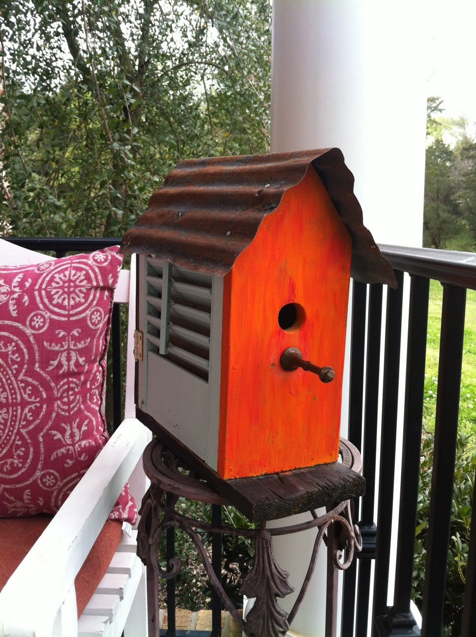 Tangerine Birdhouse with Teal Shutters Upcycled Recycled Shabby Folk Art Wood